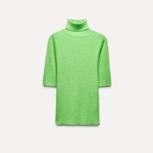 ZARA Lime Green Wool Blend High Collar Turtleneck Knit Sweater Top Women's Small